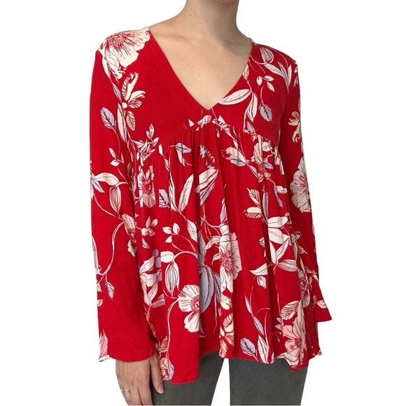 Free People Blouse Flare Sleeve Babydoll Boho Floral Casual Size Extra Small - Picture 2 of 8